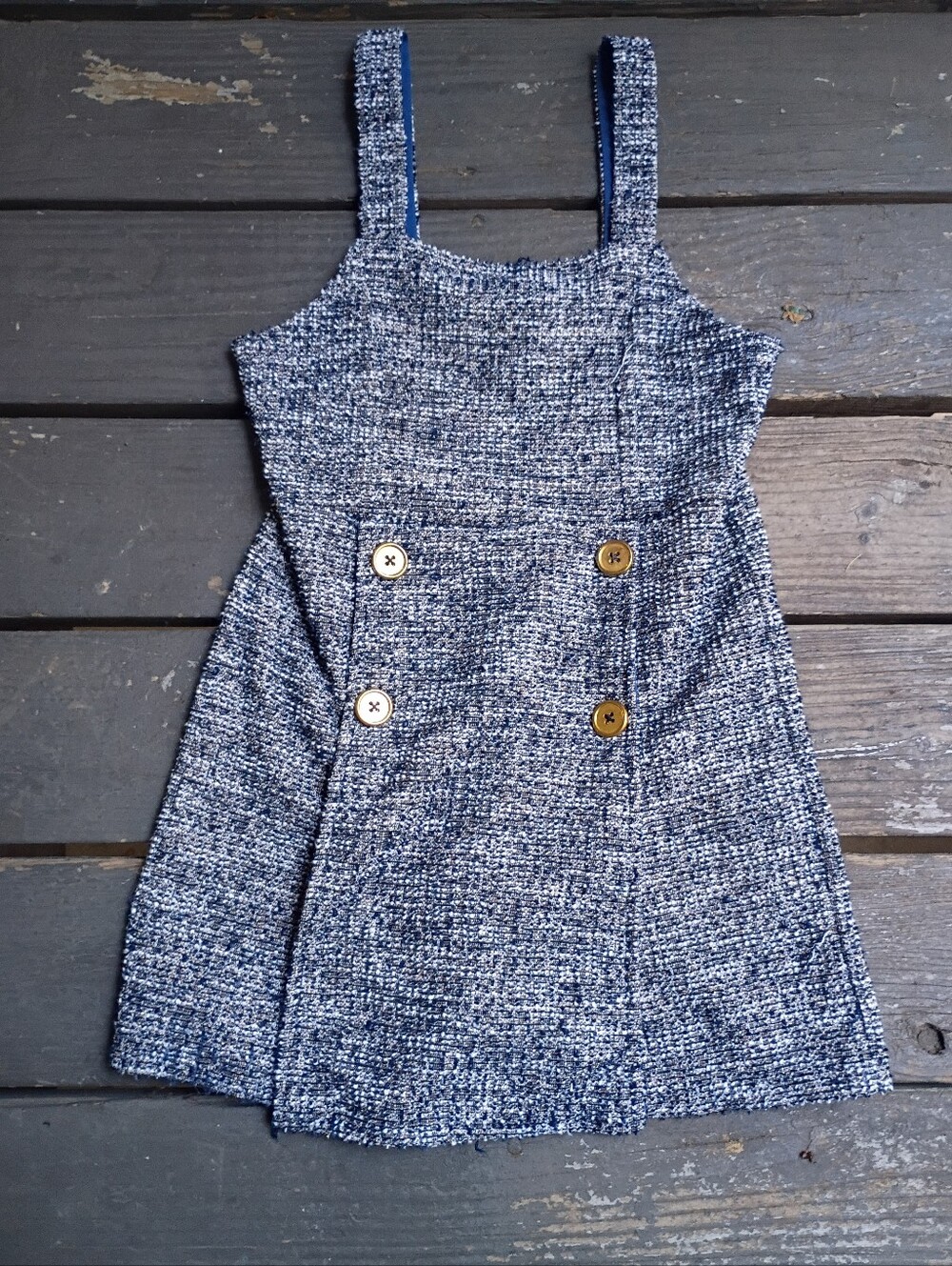 Bonnie Jean Girls Navy Gold Tweed Button-Accent Pinafore Romper Size 14